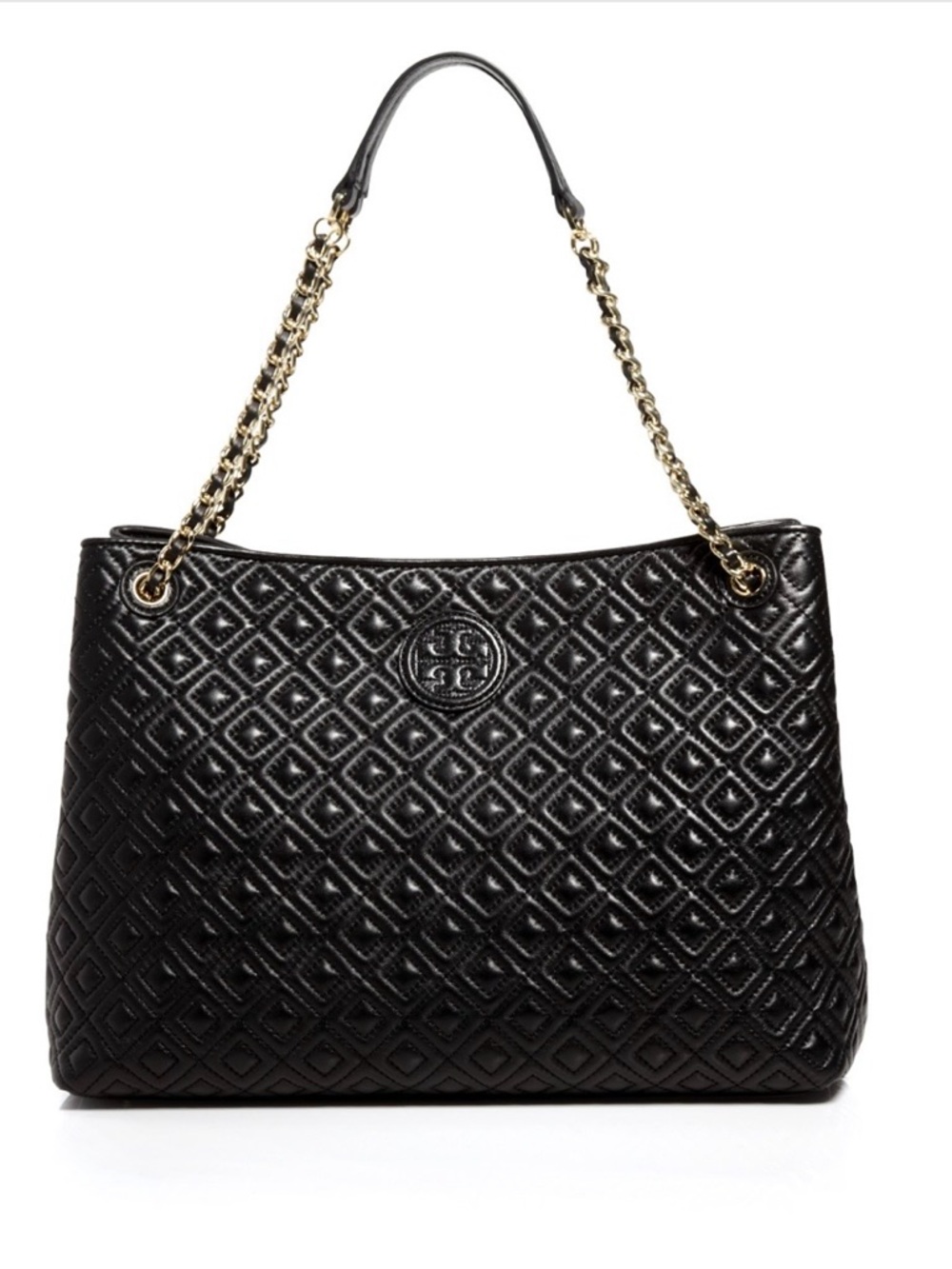 Tory Burch Marion Quilted Black Shoulder Tote with Gold Chain Strap